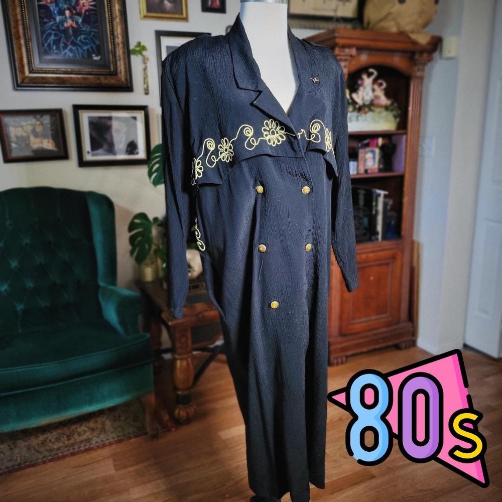 Foleys Trench Maxi Dress Vintage 80s Black Embroidered Gold Button Women Medium